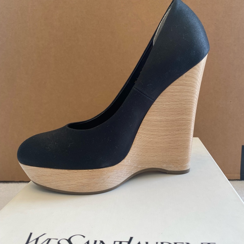 Yves Saint Laurent Black and Tan Wedges - Picture 2 of 6